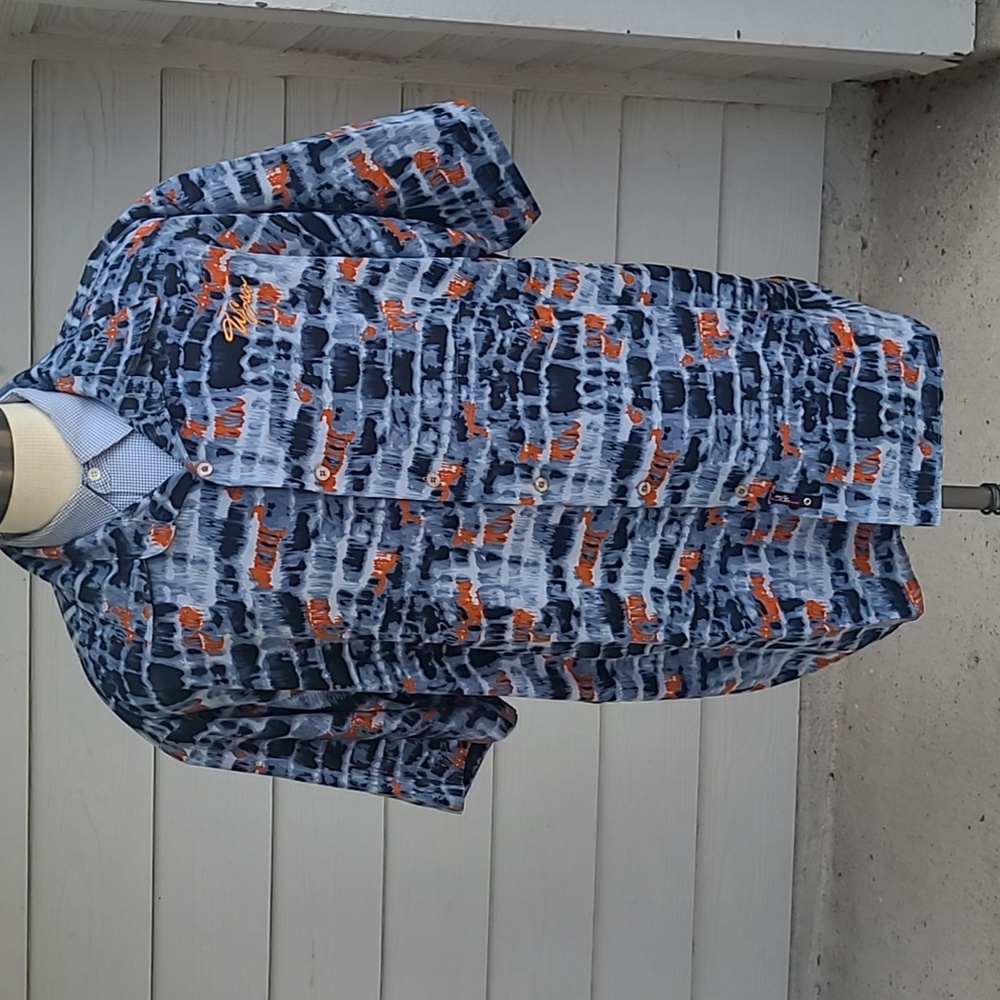 WILLIE ESCO Abstract Grey Orange Blue XXL Short‎ Sleeve Shirt RARE Y2K VTG